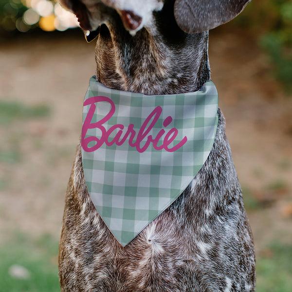 Buckle-Down Pet Bandana - BARBIE Script Plaid Beige/Olive/Pink