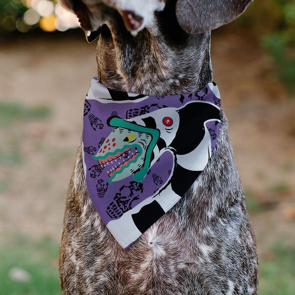 Buckle-Down Pet Bandana - Beetlejuice Sandworm Pose And Skulls Icon Purple/Black