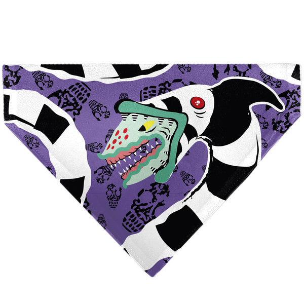 Buckle-Down Pet Bandana - Beetlejuice Sandworm Pose and Skulls Icon Purple/Black