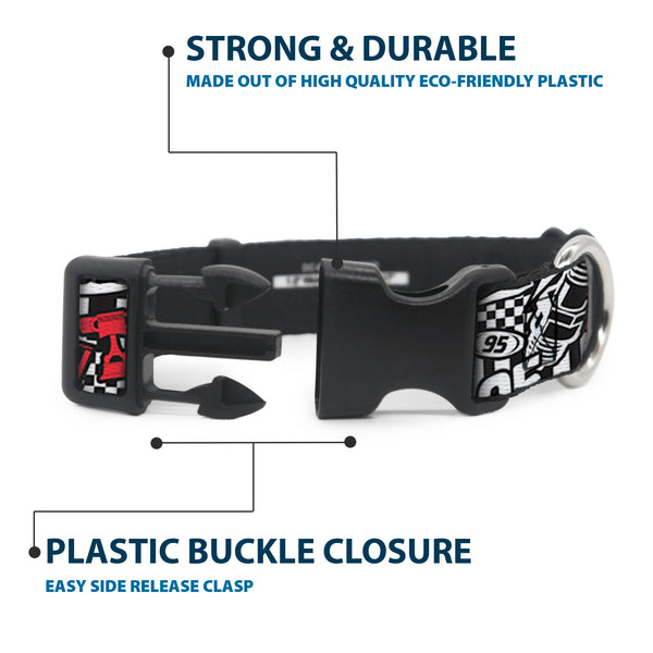 Buckle-Down Plastic Clip Collar - Cars Lightning McQueen Racing Collage White/Black/Red