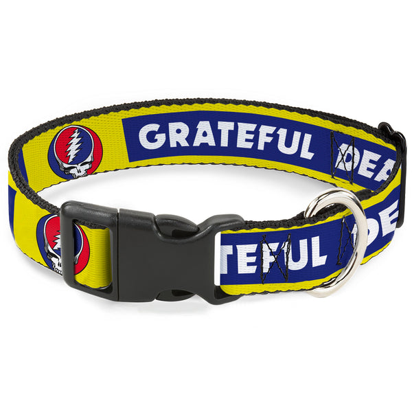 Buckle-Down Plastic Clip Collar - GRATEFUL DEAD Text Box and Steal Your Face Logo Yellow/Blue/White