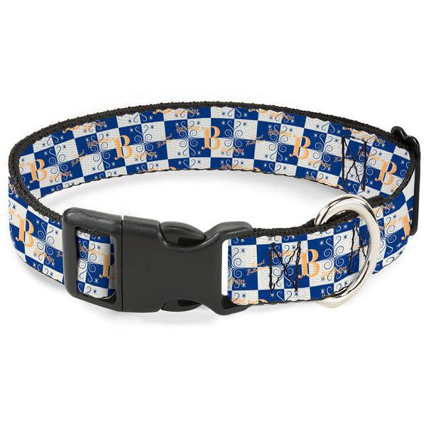 Buckle-Down Plastic Clip Collar - Harry Potter Butterbeer Logo Checker White/Blue/Yellow