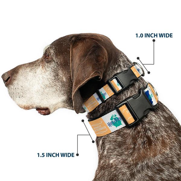 Buckle-Down Plastic Clip Collar - Harry Potter FINEST BUTTERBEER SINCE 1867 Icon Blocks Yellow/White/Blues