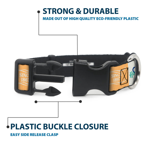Buckle-Down Plastic Clip Collar - Harry Potter FINEST BUTTERBEER SINCE 1867 Icon Blocks Yellow/White/Blues