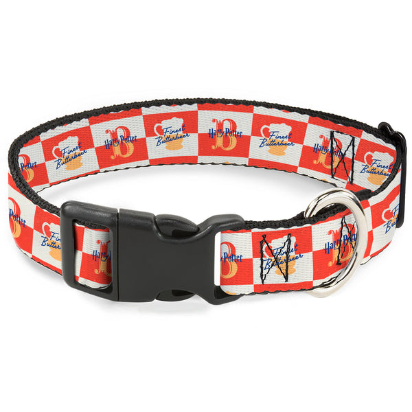 Buckle-Down Plastic Clip Collar - HARRY POTTER FINEST BUTTERBEER Logo and Mug Checker Red/White/Yellow