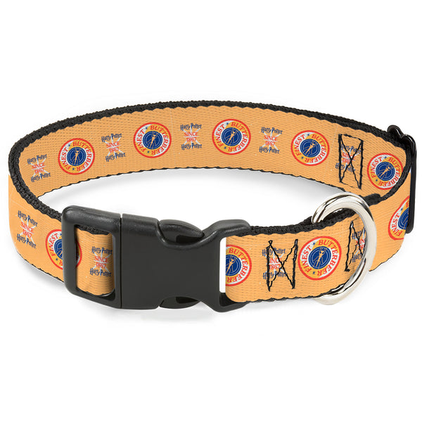 Buckle-Down Plastic Clip Collar - HARRY POTTER SINCE 1867 FINEST BUTTERBEER Icon Yellow/Blue/Red