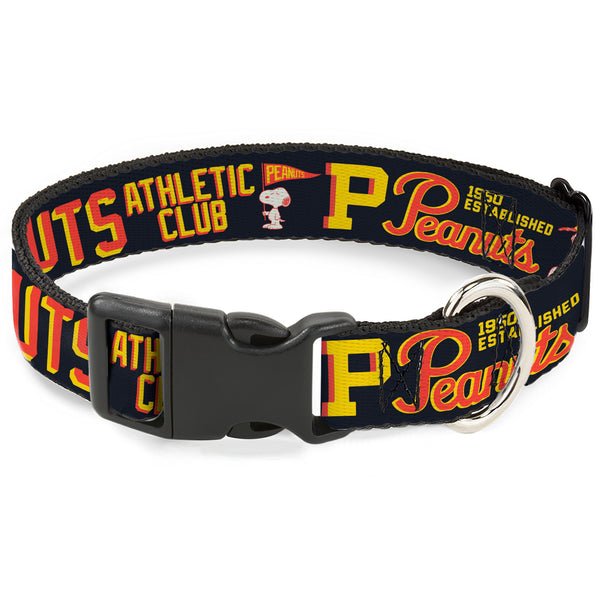 Buckle-Down Plastic Clip Collar - PEANUTS ATHLETIC CLUB Varsity Poses and Quotes Collage Black/Red/Yellow