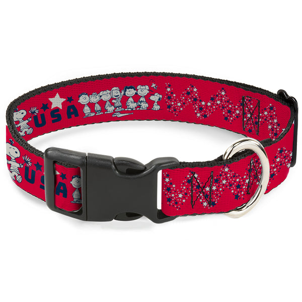 Buckle-Down Plastic Clip Collar - Peanuts Gang AMERICAN SUMMER Poses Red/Blue/White