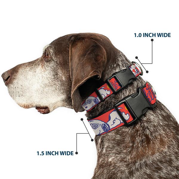 Buckle-Down Plastic Clip Collar - Peanuts Gang SEMI-POSITIVE VIBES Quote Red/Blues/White