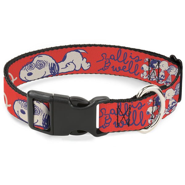 Buckle-Down Plastic Clip Collar - Peanuts Gang SEMI-POSITIVE VIBES Quote Red/Blues/White