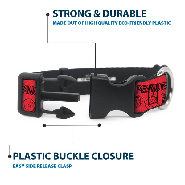 Buckle-Down Plastic Clip Collar - PEANUTS Gang Six Character And Title Logo Collage Red/Black