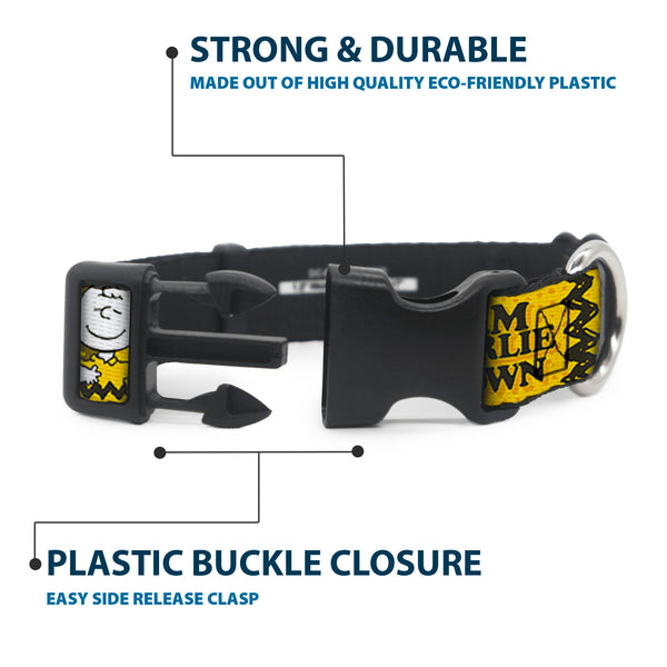 Buckle-Down Plastic Clip Collar - Peanuts I AM CHARLIE BROWN Poses And Zig Zag Stripe Yellows/Black