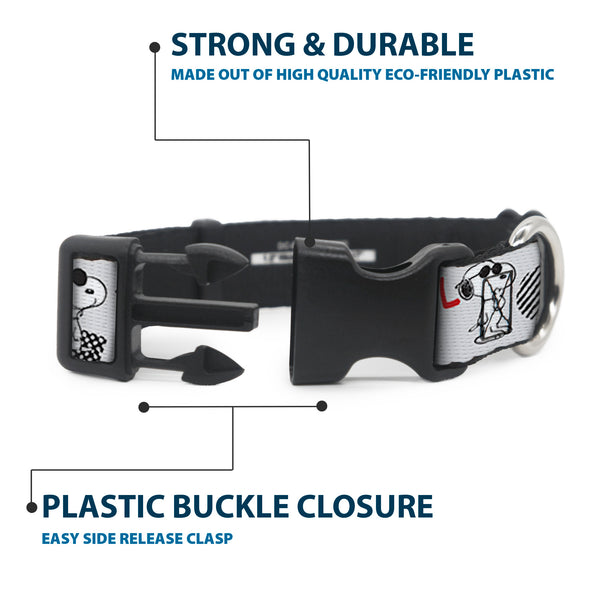 Buckle-Down Plastic Clip Collar - Peanuts JOE COOL Snoopy Poses And Text Gray/Black/Red/White