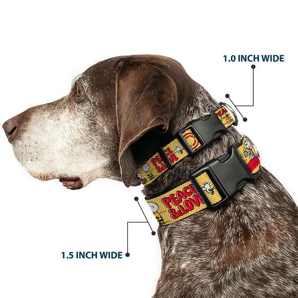 Buckle-Down Plastic Clip Collar - PEANUTS SOCIAL CLUB PEACE & LOVE Scenes Yellow/Red