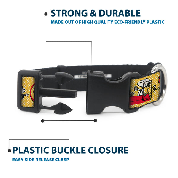 Buckle-Down Plastic Clip Collar - PEANUTS SOCIAL CLUB PEACE & LOVE Scenes Yellow/Red