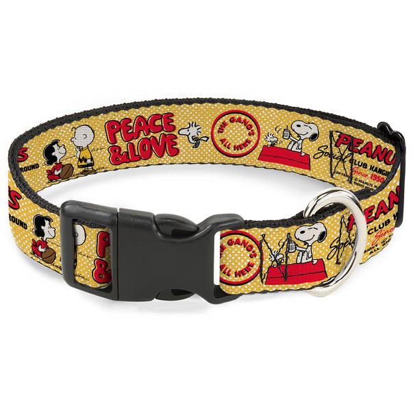 Buckle-Down Plastic Clip Collar - PEANUTS SOCIAL CLUB PEACE & LOVE Scenes Yellow/Red