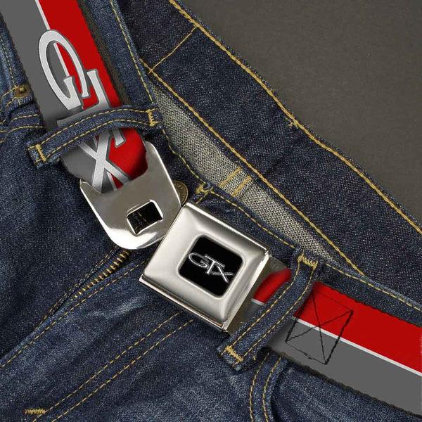 Buckle-Down Plymouth GTX Emblem Full Color Black Silver Fade White Seatbelt Belt - Plymouth GTX Emblem/Stripe Red/White/Grays Webbing