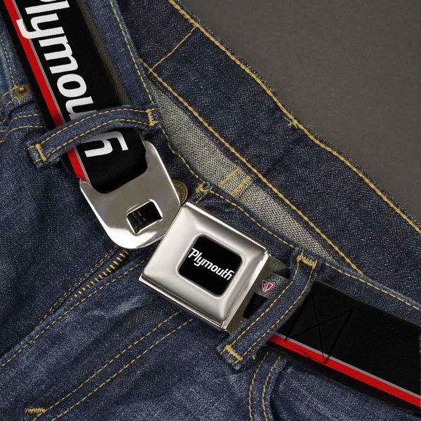 Buckle-Down PLYMOUTH Text Logo Full Color Black White Seatbelt Belt - PLYMOUTH Text/Stripe Black/White/Gray/Red Webbing