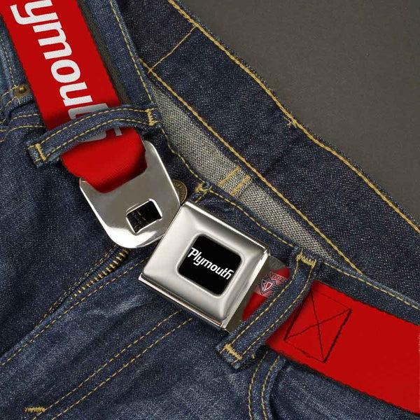 Buckle-Down PLYMOUTH Text Logo Full Color Black White Seatbelt Belt - PLYMOUTH Text Logo Red/White Webbing