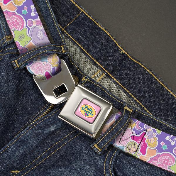 Buckle-Down POLLY POCKET Title Logo Full Color Lavender/White Seatbelt Belt - Polly Pocket Dolls And Compacts Collage Lavender Webbing