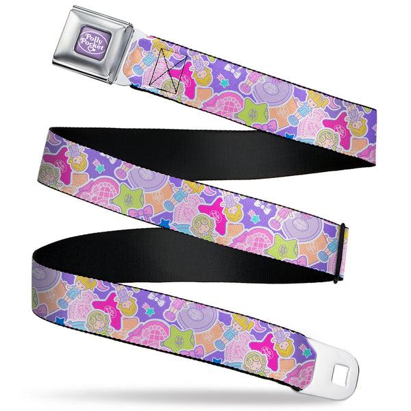 Buckle-Down POLLY POCKET Title Logo Full Color Lavender/White Seatbelt Belt - Polly Pocket Dolls and Compacts Collage Lavender Webbing