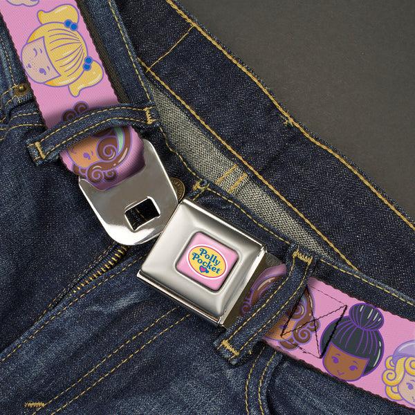 Buckle-Down POLLY POCKET Title Logo Full Color Pink Seatbelt Belt - Polly Pocket Ten Doll Face Expressions Pink Webbing