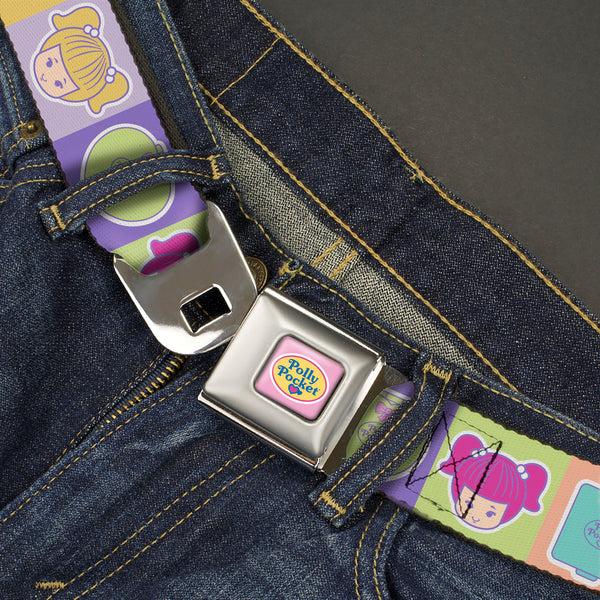 Buckle-Down POLLY POCKET Title Logo Full Color Pink Seatbelt Belt - POLLY POCKET Doll Faces And Title Logo Blocks Multi Color Webbing