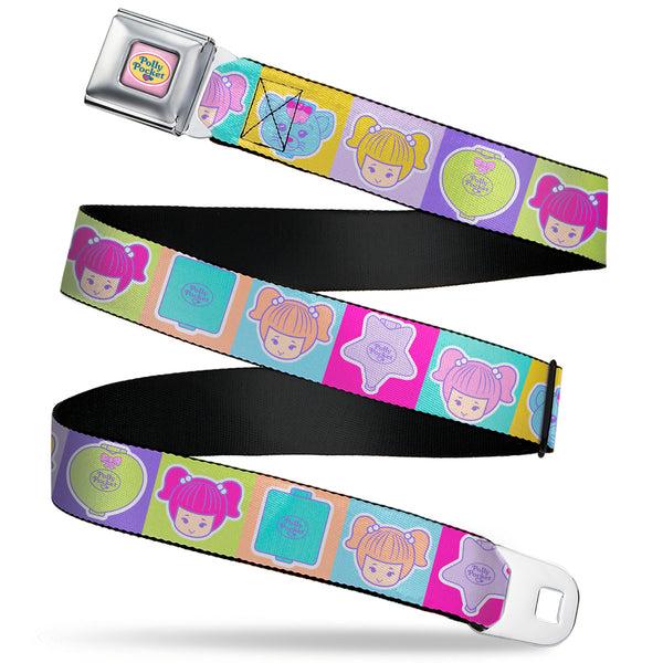 Buckle-Down POLLY POCKET Title Logo Full Color Pink Seatbelt Belt - POLLY POCKET Doll Faces and Title Logo Blocks Multi Color Webbing