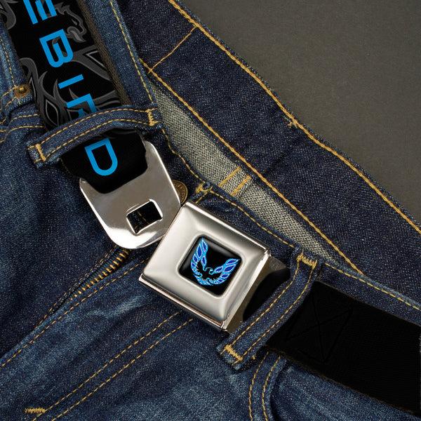 Buckle-Down Pontiac Firebird Logo Full Color Black Blues Seatbelt Belt - Pontiac FIREBIRD/Logo Black/Grays/Blues Webbing