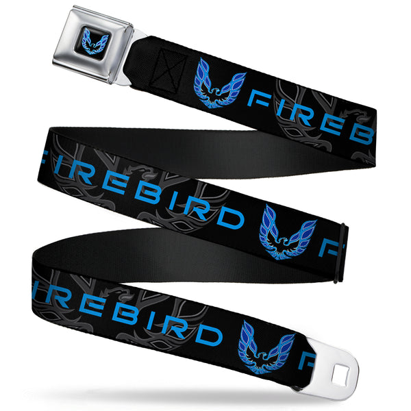 Buckle-Down Pontiac Firebird Logo Full Color Black Blues Seatbelt Belt - Pontiac FIREBIRD/Logo Black/Grays/Blues Webbing