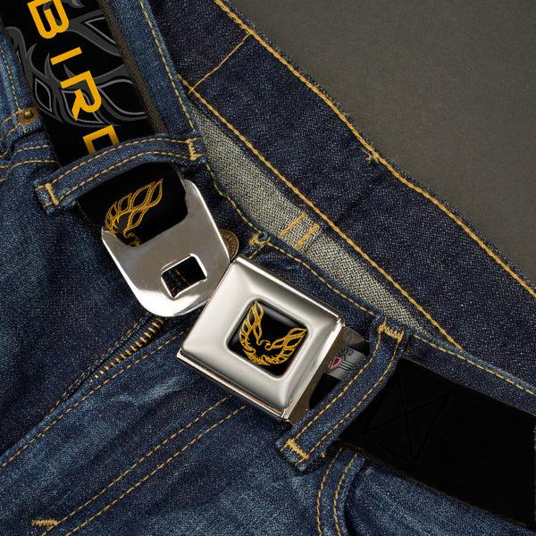 Buckle-Down Pontiac Firebird Logo Full Color Black Golds Seatbelt Belt - Pontiac FIREBIRD/Logo Black/Grays/Golds Webbing