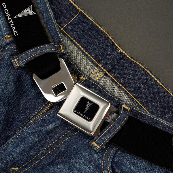 Buckle-Down Pontiac Seatbelt Belt - Pontiac Black/Silver Logo REPEAT Webbing
