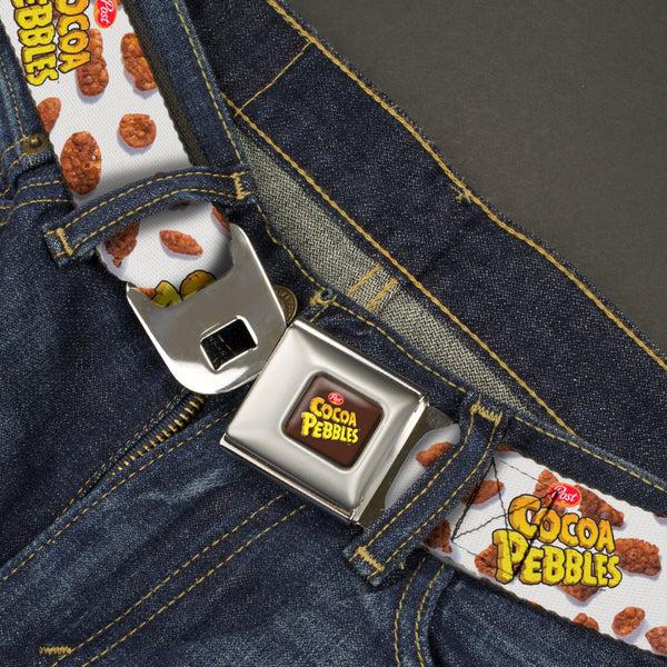 Buckle-Down POST COCOA PEBBLES Logo Full Color Brown/Yellows Seatbelt Belt - POST COCOA PEBBLES Logo And Cereal Pebbles Scattered White/Browns Webbing