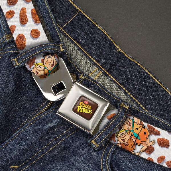 Buckle-Down POST COCOA PEBBLES Logo Full Color Brown/Yellows Seatbelt Belt - Cocoa Pebbles Fred Flintstone And Barney Rubble Hugging Pose And Cereal Pebbles Scattered White/Browns Webbing