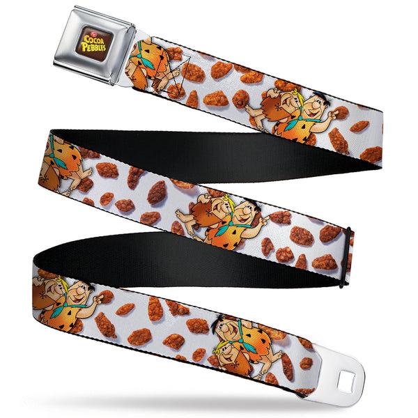 Buckle-Down POST COCOA PEBBLES Logo Full Color Brown/Yellows Seatbelt Belt - Cocoa Pebbles Fred Flintstone and Barney Rubble Hugging Pose and Cereal Pebbles Scattered White/Browns Webbing