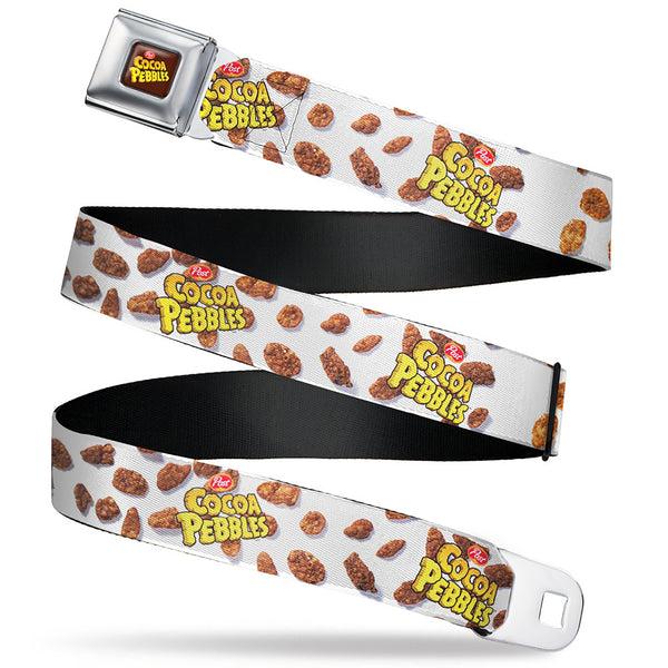 Buckle-Down POST COCOA PEBBLES Logo Full Color Brown/Yellows Seatbelt Belt - POST COCOA PEBBLES Logo and Cereal Pebbles Scattered White/Browns Webbing