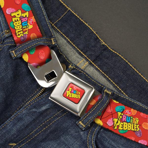 Buckle-Down POST FRUITY PEBBLES Logo Full Color Red/Multi Color Seatbelt Belt - POST FRUITY PEBBLES Logo And Cereal Pebbles Scattered Red/Multi Color Webbing