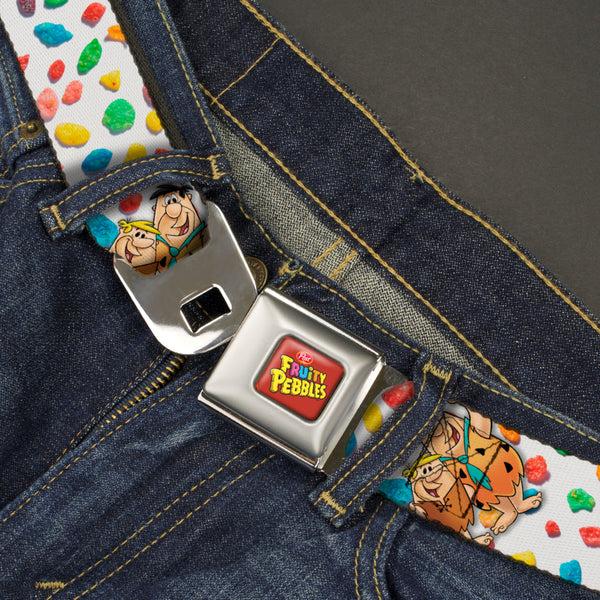 Buckle-Down POST FRUITY PEBBLES Logo Full Color Red/Multi Color Seatbelt Belt - Fruity Pebbles Fred Flintstone And Barney Rubble Hugging Pose And Cereal Pebbles Scattered White/Multi Color Webbing