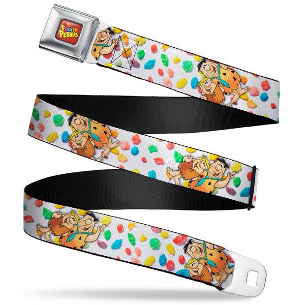 Buckle-Down POST FRUITY PEBBLES Logo Full Color Red/Multi Color Seatbelt Belt - Fruity Pebbles Fred Flintstone and Barney Rubble Hugging Pose and Cereal Pebbles Scattered White/Multi Color Webbing