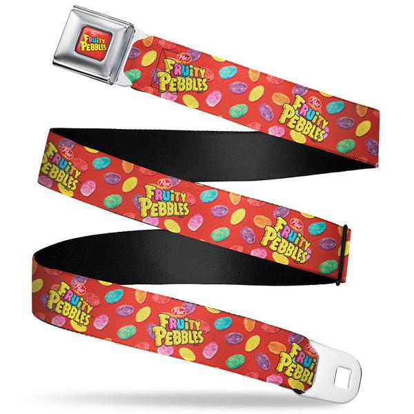 Buckle-Down POST FRUITY PEBBLES Logo Full Color Red/Multi Color Seatbelt Belt - POST FRUITY PEBBLES Logo And Cereal Pebbles Scattered Red/Multi Color Webbing