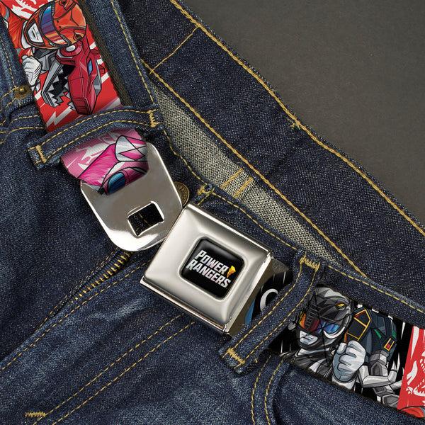 Buckle-Down POWER RANGERS Bolt Logo Full Color Black/Gray/Yellows Seatbelt Belt - Power Rangers Pose With Zord And Icon Blocks Multi Color Webbing