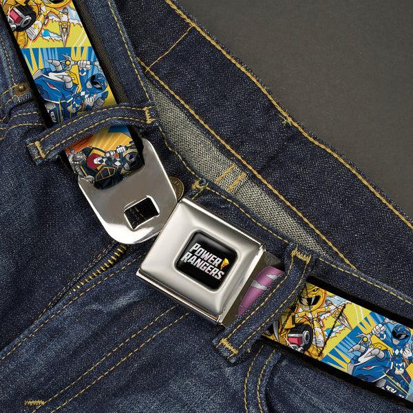 Buckle-Down POWER RANGERS Bolt Logo Full Color Black/Gray/Yellows Seatbelt Belt - Power Rangers And Zord Action Pose Blocks Webbing
