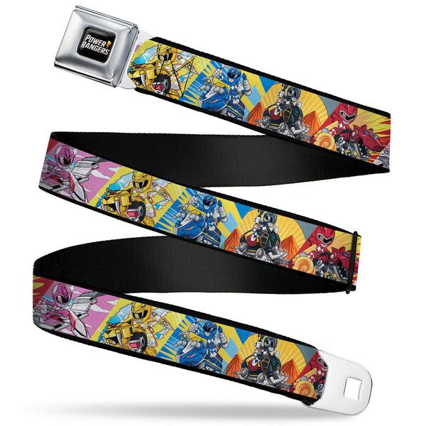 Buckle-Down POWER RANGERS Bolt Logo Full Color Black/Gray/Yellows Seatbelt Belt - Power Rangers and Zord Action Pose Blocks Webbing