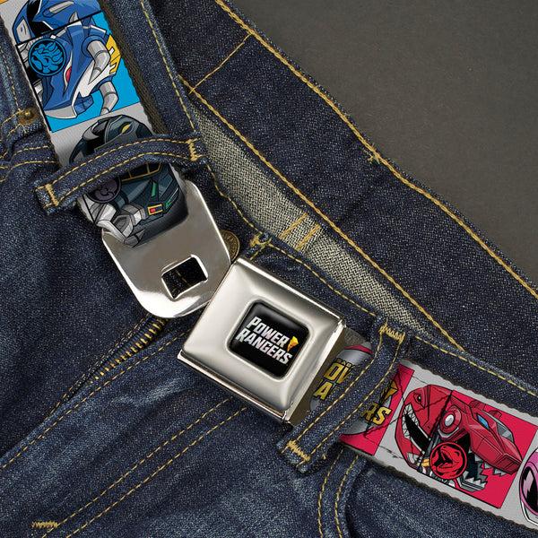 Buckle-Down POWER RANGERS Bolt Logo Full Color Black/Gray/Yellows Seatbelt Belt - SABAN'S POWER RANGERS Ranger Zord And Icon Blocks And Title Logo Webbing