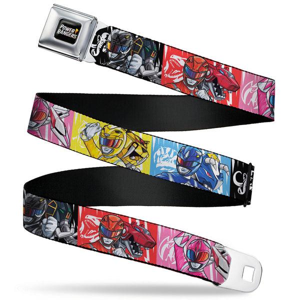 Buckle-Down POWER RANGERS Bolt Logo Full Color Black/Gray/Yellows Seatbelt Belt - Power Rangers Pose with Zord and Icon Blocks Multi Color Webbing