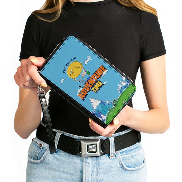 Buckle-Down PU Zip Around Wallet Rectangle - ADVENTURE TIME Jake And Finn WHAT TIME IS IT Flying Pose Blue