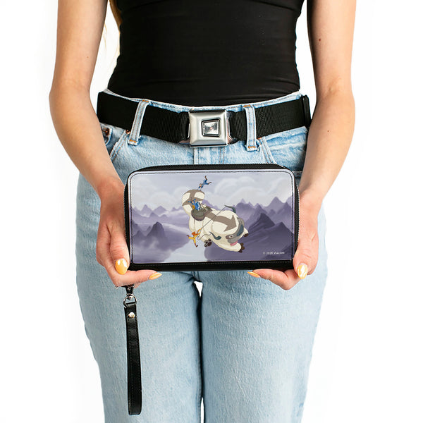 Buckle-Down PU Zip Around Wallet Rectangle - Avatar The Last Airbender Appa Carrying 4-Character Group Scene Over Mountains Grays