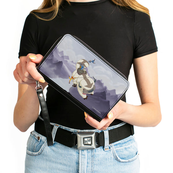 Buckle-Down PU Zip Around Wallet Rectangle - Avatar The Last Airbender Appa Carrying 4-Character Group Scene Over Mountains Grays