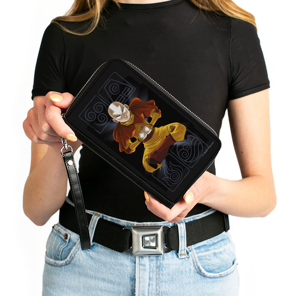 Buckle-Down PU Zip Around Wallet Rectangle - Avatar The Last Airbender Aang Meditating Pose Bending Elements Icons Black Grays