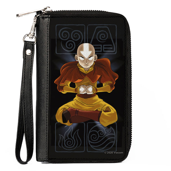 Buckle-Down PU Zip Around Wallet Rectangle - Avatar the Last Airbender Aang Meditating Pose Bending Elements Icons Black Grays